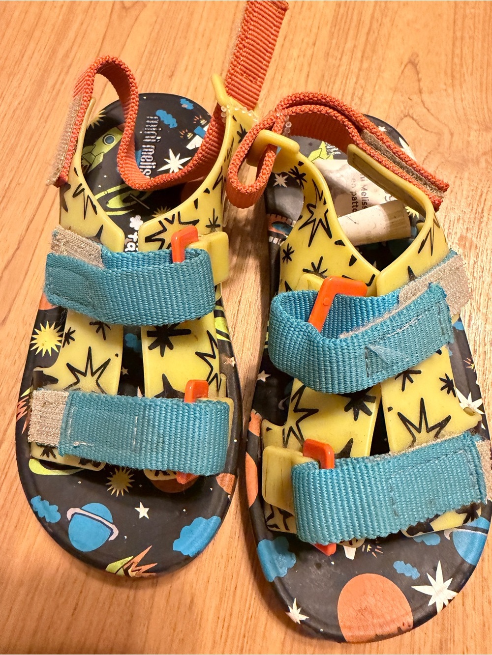 Mini Melissa Yellow Space-Print Sandals with Blue Straps and Orange Accents